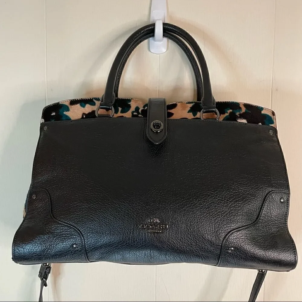 Coach Mercer Calfhair Satchel 38357 Black Scattered Leaf